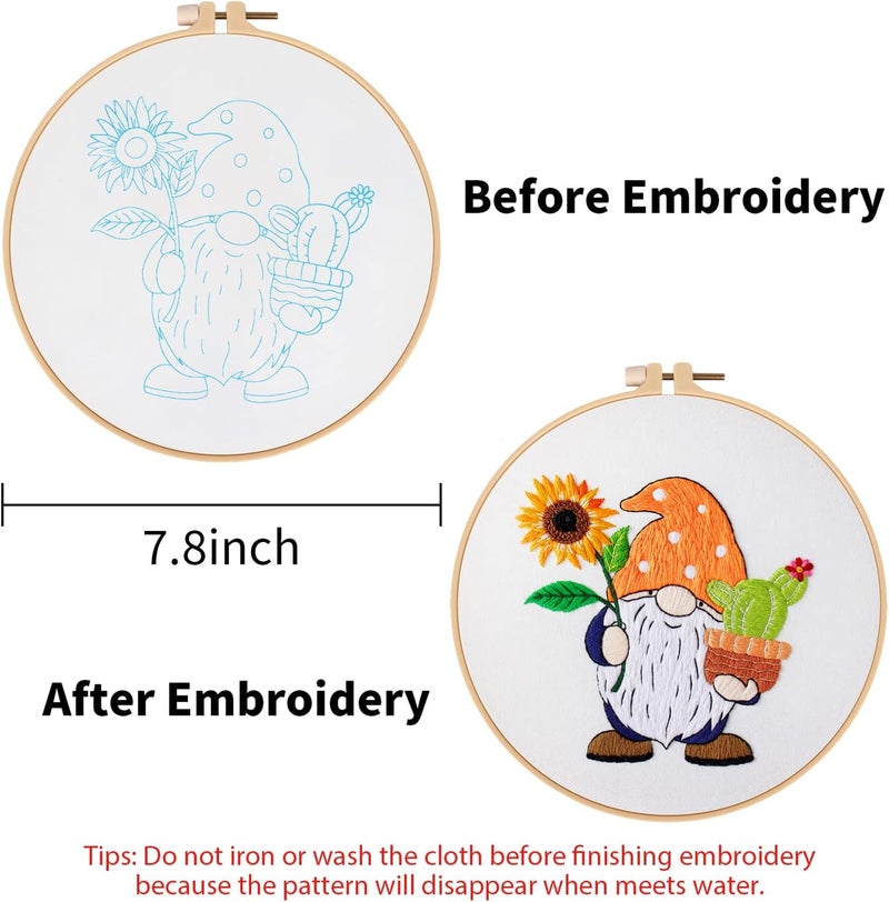 Nuberlic Sunflower Embroidery Kit for Beginners, Full Set of Stamped Gnome Cross Stitch Kit for Adults Including Threads, Hoops and Instruction - Image 3